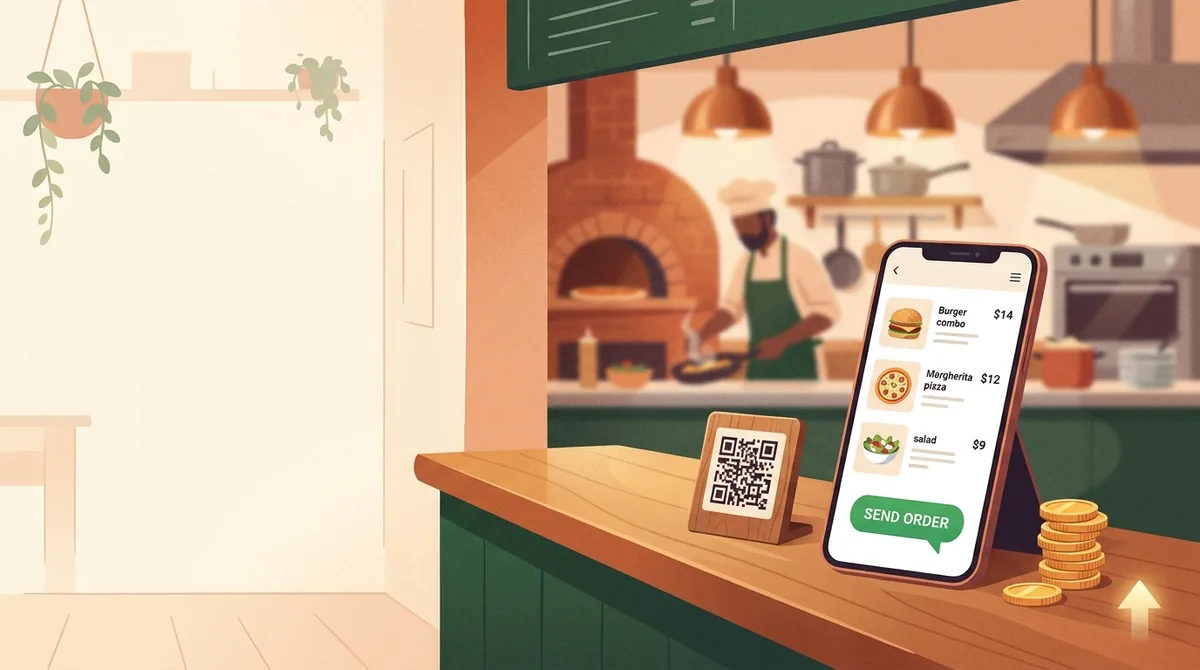 Balcão de restaurante com QR Code e celular exibindo cardápio digital com botão de enviar pedido, chef na cozinha ao fundo — e-Cardápio BR