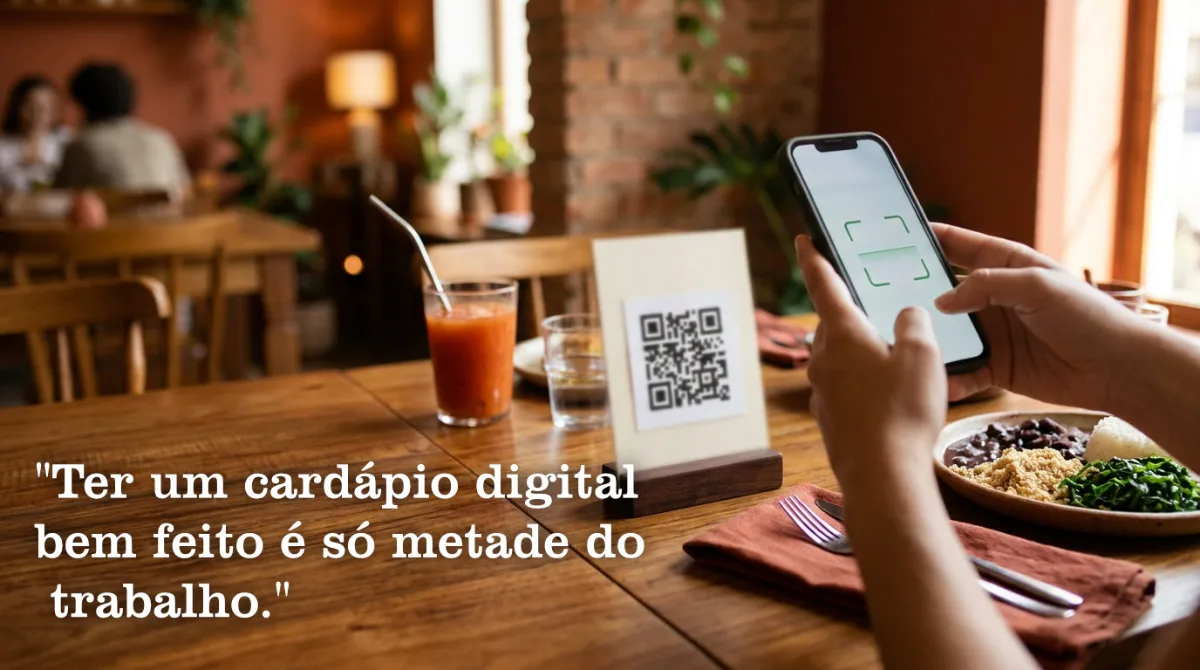 Display de QR Code sobre a mesa de um restaurante, com a mão de um cliente apontando o celular para escanear o cardápio digital