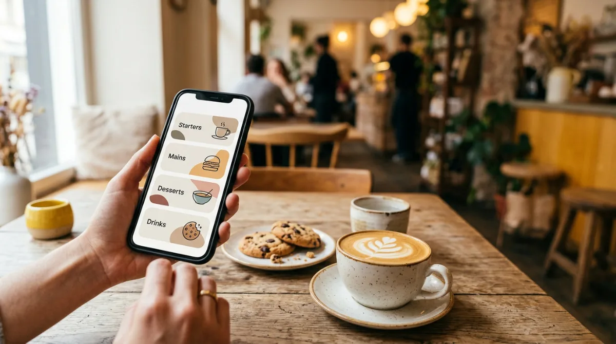 Celular exibindo um cardápio digital com categorias em botões, ao lado de um cappuccino e cookies em uma mesa de café