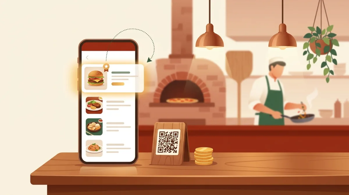 Balcão de madeira de um restaurante com um celular exibindo um cardápio digital em que o primeiro prato, um hambúrguer, aparece em destaque com selo de estrela, ao lado de um QR Code e moedas douradas, com a cozinha ao fundo
