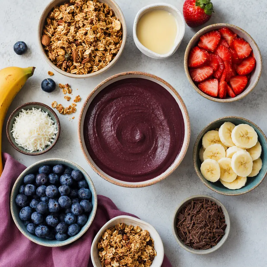 Estação de toppings para montar açaí com granola, frutas e leite condensado