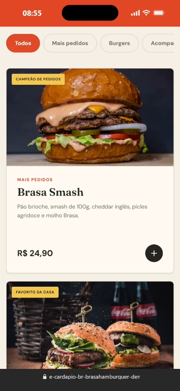 Cardápio com fotos e preços dos produtos